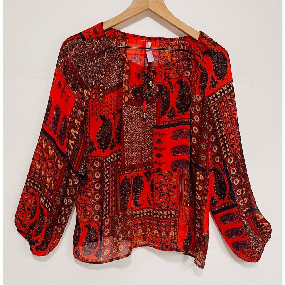 Alya Sheer Red Paisley Boho Top   Size M